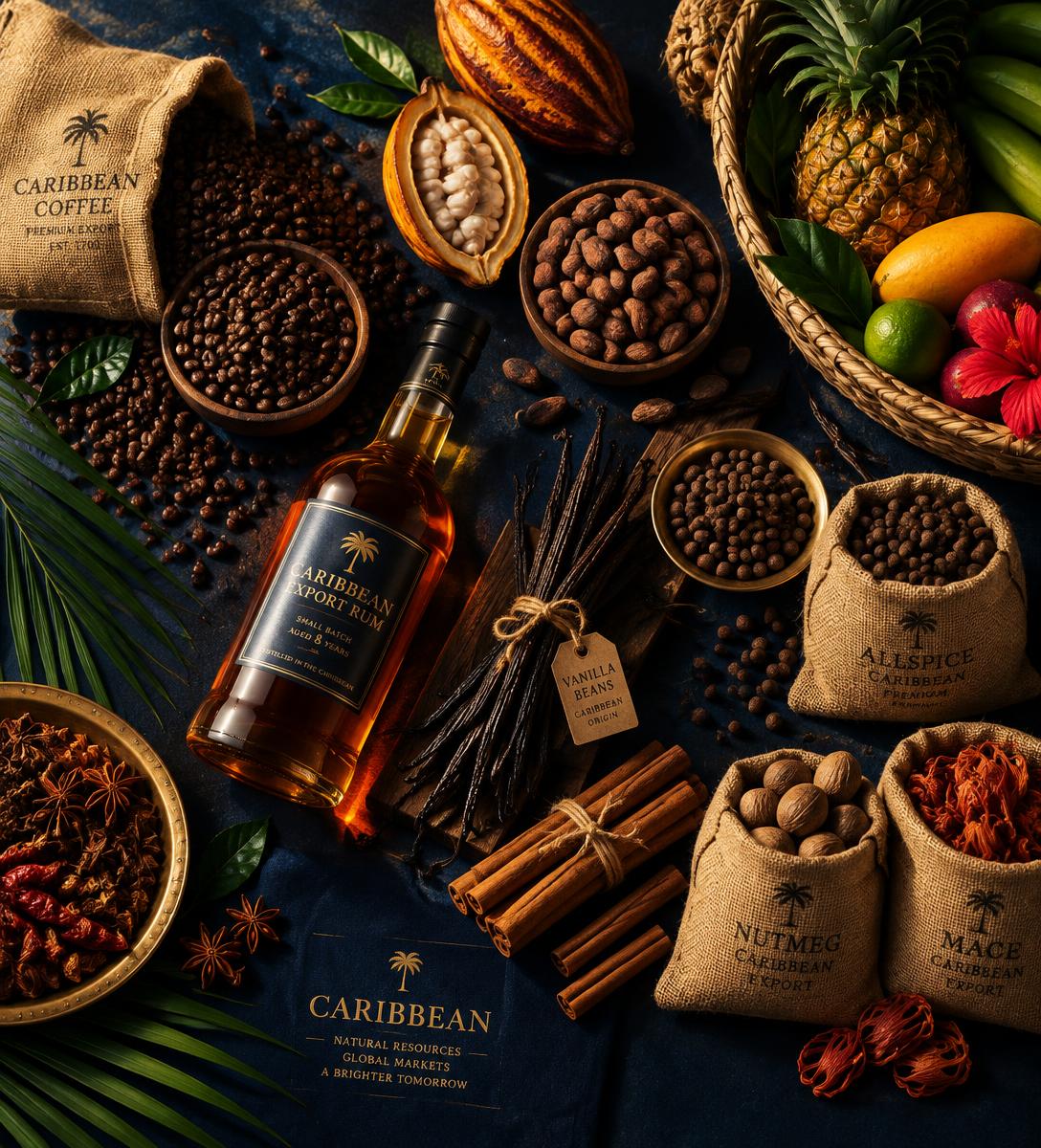 Flat-lay of Caribbean export goods — coffee, cocoa, rum, vanilla and spices